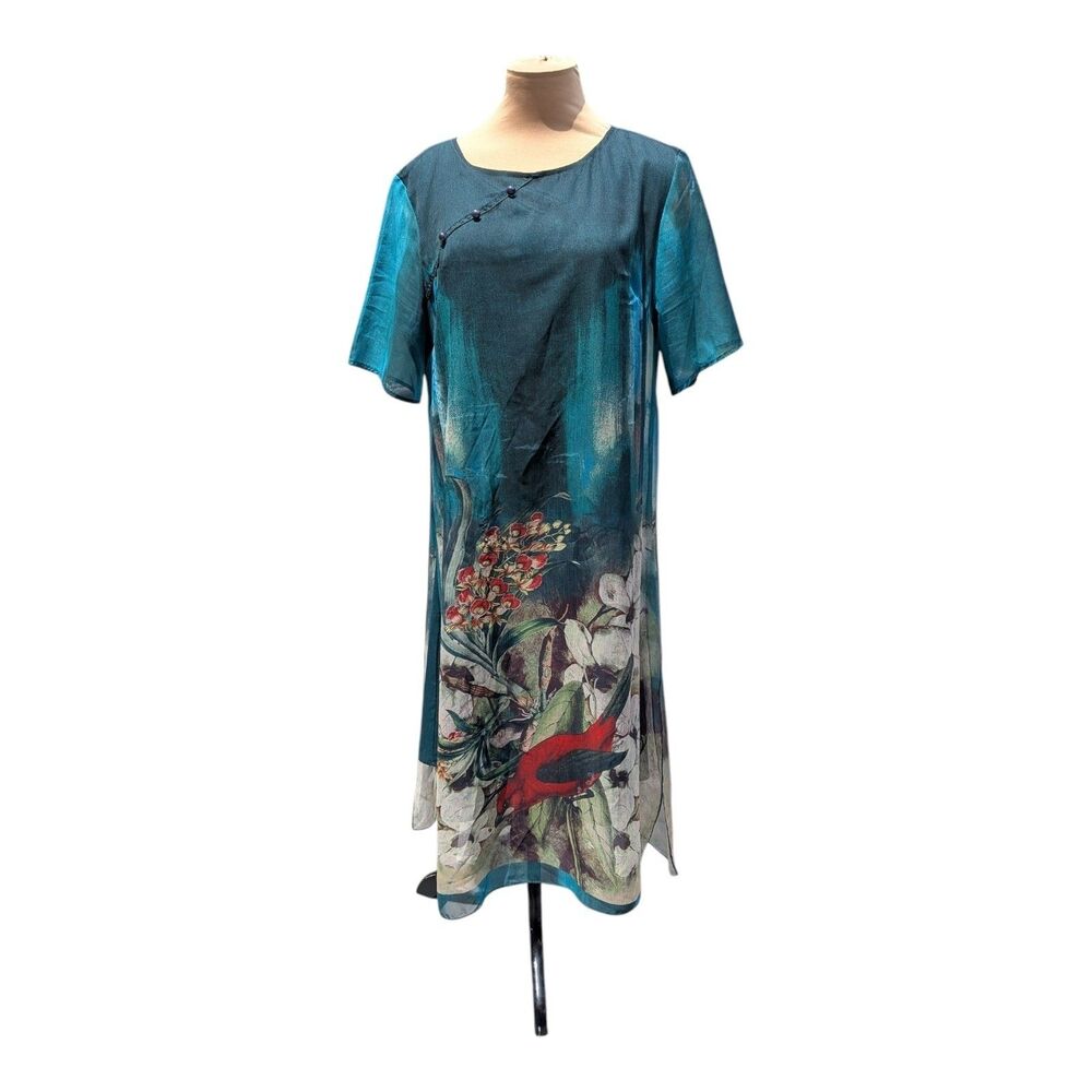 Vicky &Lucas Midi Shift Overlay Dress Size XL Pullover Floral Bird Summer Green